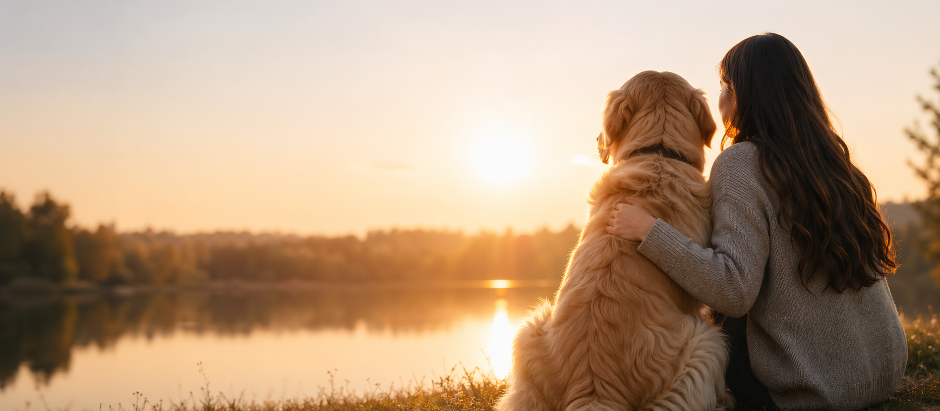 A woman embracing a golden retriever beside a sunset lake