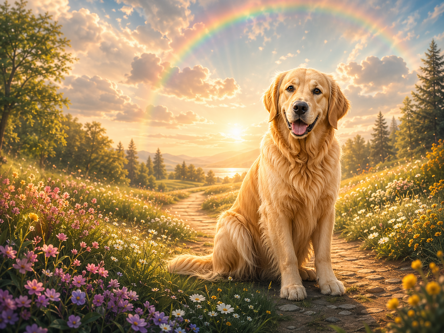 Golden retriever memorial artwork with a rainbow